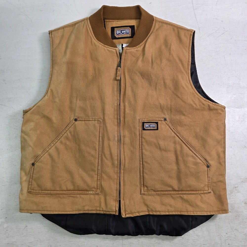 Vintage Big Smith Mens XL Workwear Vest Duck Canvas Beige Zip Pockets Insulated‎